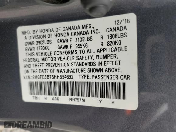 ✅ 2017 Honda Civic EX-L • VIN: 2HGFC3B76HH354692 • Lot: 71715595. Listed on Copart with 116,958 mi. Free auction sales archive from the USA and detailed vehicle history report at DreamBid. Image 12.