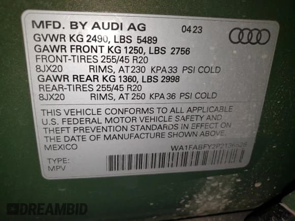 ✅ 2023 Audi Q5 • VIN: WA1FABFY2P2136526 • Лот: 69073915. Опубликован ранее на Copart с пробегом 17 865 миль. Бесплатный доступ к архиву аукционных продаж из США и подробный отчёт об истории автомобиля на DreamBid. Изображение 13.