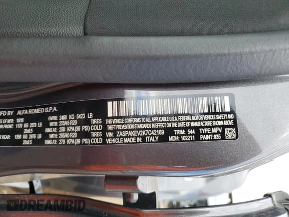 ✅ 2019 Alfa Romeo Stelvio Quadrifoglio • VIN: ZASPAKEV2K7C42169 • Lot: 67543483. Listed on Copart with Not provided. Free auction sales archive from the USA and detailed vehicle history report at DreamBid. Image 12.