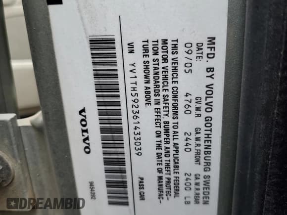 ✅ 2006 Volvo S80 • VIN: YV1TH592361433039 • Lot: 60924285. Listed on Copart with 178,609 mi. Free auction sales archive from the USA and detailed vehicle history report at DreamBid. Image 12.