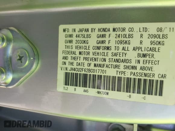 ✅ 2011 Acura TSX • VIN: JH4CU2F62BC017701 • Lot: 43167860. Listed on IAAI with 83,816 mi. Free auction sales archive from the USA and detailed vehicle history report at DreamBid. Image 9.