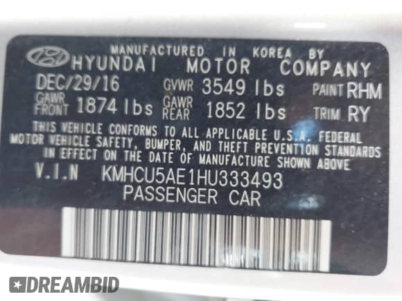 2017 Hyundai Accent Sport with VIN KMHCU5AE1HU333493, listed as a IAAI auction lot 43215889 with 53,435 mi miles and . Bid and sale history available at DreamBid. Image 9.