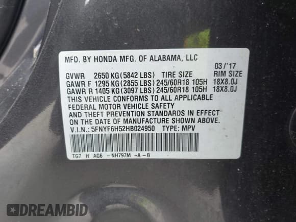 ✅ 2017 Honda Pilot EX-L • VIN: 5FNYF6H52HB024950 • Lot: 42051084. Listed on IAAI with Not provided. Free auction sales archive from the USA and detailed vehicle history report at DreamBid. Image 9.