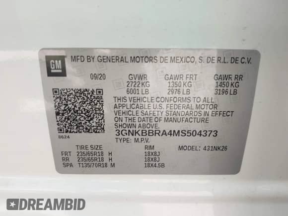 ✅ 2021 Chevrolet Blazer LT • VIN: 3GNKBBRA4MS504373 • Lot: 42123162. Listed on IAAI with 82,721 mi miles. Access the free auction sales archive from the USA and view a detailed vehicle history report at DreamBid. Image 9.