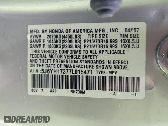 ✅ 2007 Honda Element LX • VIN: 5J6YH17377L015471 • Lot: 41725815. Listed on IAAI with 218,931 mi. Free auction sales archive from the USA and detailed vehicle history report at DreamBid. Image 9.
