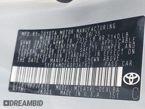 ✅ 2025 Toyota Corolla LE • VIN: 5YFB4MDE6SP347822 • Lot: 43109315. Wystawiony na IAAI z przebiegiem 9 139 mil. Bezpłatny archiwum sprzedaży aukcyjnych z USA i szczegółowy raport historii pojazdu na DreamBid. Zdjęcie 9.