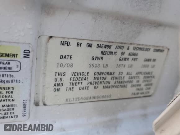 2009 Chevrolet Aveo 1LT with VIN KL1TD56E49B608565, listed as a Copart auction lot 90662455 with 48,984 mi miles and Salvage title. Bid and sale history available at DreamBid. Image 13.