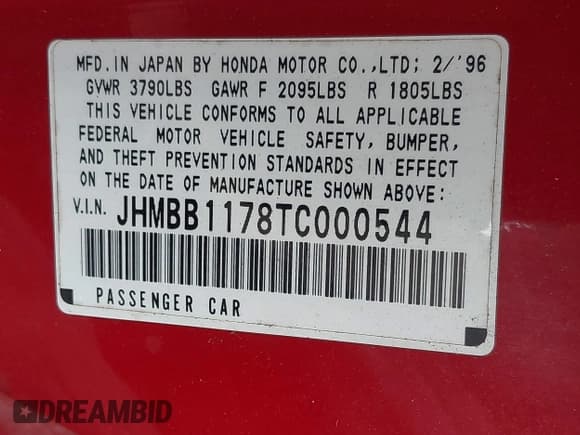 ✅ 1996 Honda Prelude • VIN: JHMBB1178TC000544 • Lot: 42430276. Listed on IAAI with 226,342 mi. Free auction sales archive from the USA and detailed vehicle history report at DreamBid. Image 9.