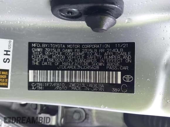 ✅ 2022 Toyota Corolla Hybrid LE • VIN: JTDEAMDE3NJ045628 • Lot: 43593704. Wystawiony na IAAI z przebiegiem 46 758 mil. Bezpłatny archiwum sprzedaży aukcyjnych z USA i szczegółowy raport historii pojazdu na DreamBid. Zdjęcie 9.