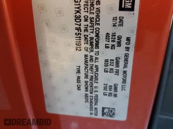 2015 Chevrolet Corvette Z51 2LT z VIN 1G1YK3D71F5111912, wystawiony jako Copart lot #41988085 z przebiegiem Nie podano mil oraz Nie do naprawy • Non repairable. Historia ofert i sprzedaży dostępna na DreamBid. Obrazek 12.