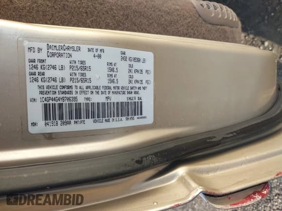 ✅ 2000 Chrysler Town & Country LX • VIN: 1C4GP44G4YB706395 • Lot: 43800840. Listed on IAAI with 149,459 mi. Free auction sales archive from the USA and detailed vehicle history report at DreamBid. Image 9.