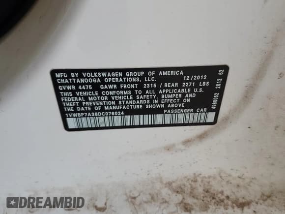 ✅ 2013 Volkswagen Passat SE • VIN: 1VWBP7A38DC076024 • Lot: 69778885. Listed on Copart with 121,615 mi. Free auction sales archive from the USA and detailed vehicle history report at DreamBid. Image 12.