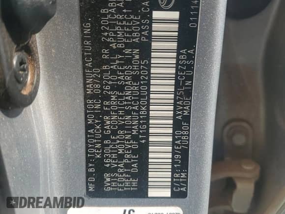 2020 Toyota Camry SE with VIN 4T1G11BK0LU012075, listed as a Copart auction lot 80863605 with 119,754 mi miles and Salvage title. Bid and sale history available at DreamBid. Image 12.