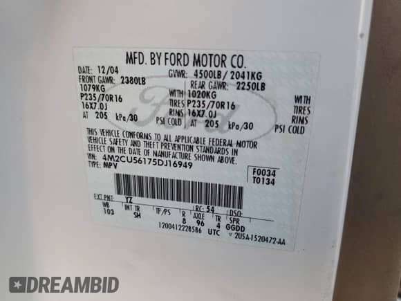 2005 Mercury Mariner Luxury с VIN 4M2CU56175DJ16949, выставлен на аукционе Copart как лот 41901845 с пробегом 104 948 миль миль и Списание • Salvage title. История ставок и продаж доступна на DreamBid. Изображение 14.