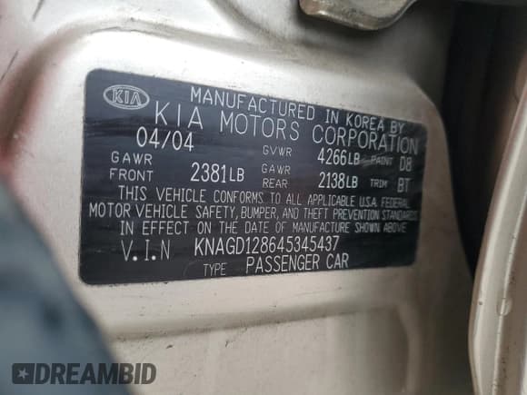 ✅ 2004 Kia Optima LX • VIN: KNAGD128645345437 • Лот: 85973694. Опубликован ранее на Copart с пробегом 77 730 миль. Бесплатный доступ к архиву аукционных продаж из США и подробный отчёт об истории автомобиля на DreamBid. Изображение 12.