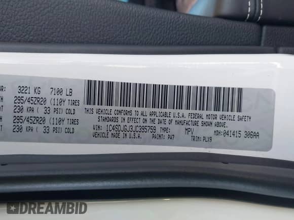 2018 Dodge Durango SRT with VIN 1C4SDJGJ3JC395759, listed as a IAAI auction lot 41689356 with 83,577 mi miles and . Bid and sale history available at DreamBid. Image 9.