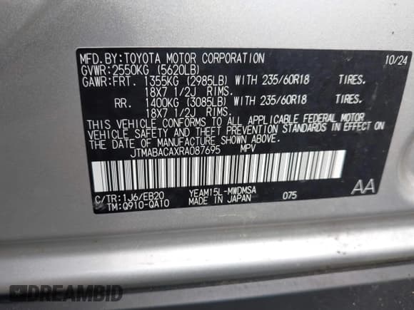 ✅ 2024 Toyota bZ4X XLE • VIN: JTMABACAXRA087695 • Lot: 43175828. Listed on IAAI with 13,579 mi. Free auction sales archive from the USA and detailed vehicle history report at DreamBid. Image 9.