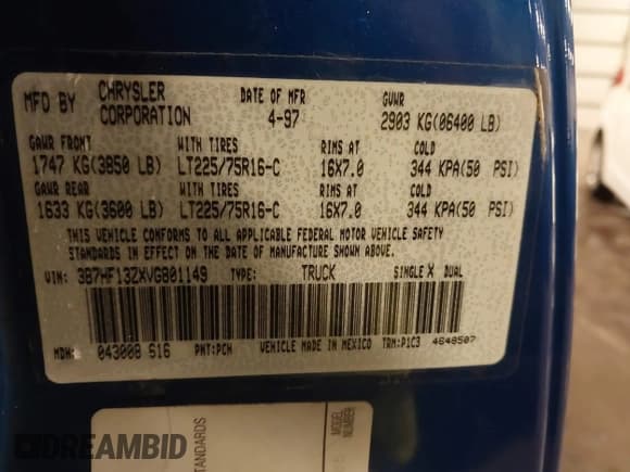 ✅ 1997 Dodge 1500 • VIN: 3B7HF13ZXVG801149 • Lot: 42903225. Wystawiony na IAAI z przebiegiem 213 225 mil. Bezpłatny archiwum sprzedaży aukcyjnych z USA i szczegółowy raport historii pojazdu na DreamBid. Zdjęcie 9.