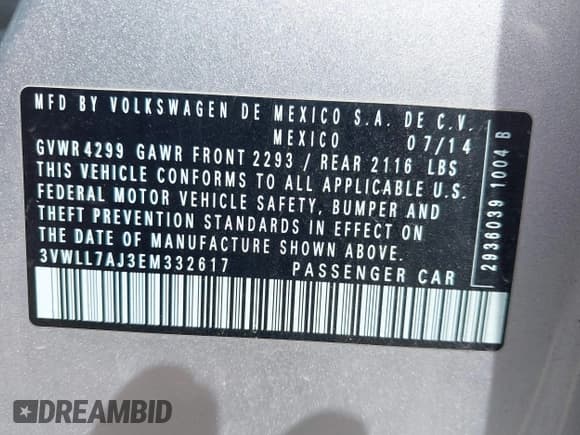 ✅ 2014 Volkswagen Jetta TDI w/Premium/Nav • VIN: 3VWLL7AJ3EM332617 • Lot: 42033000. Listed on IAAI with 186,444 mi. Free auction sales archive from the USA and detailed vehicle history report at DreamBid. Image 9.