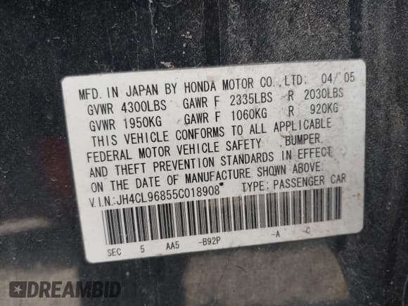 ✅ 2005 Acura TSX • VIN: JH4CL96855C018908 • Lot: 42321183. Listed on IAAI with 200,607 mi. Free auction sales archive from the USA and detailed vehicle history report at DreamBid. Image 9.