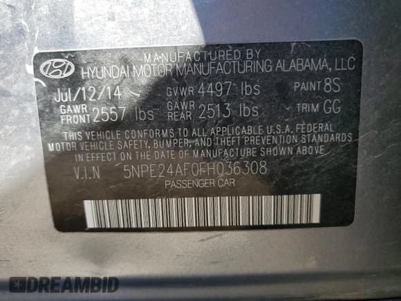 ✅ 2015 Hyundai Sonata SE • VIN: 5NPE24AF0FH036308 • Lot: 86805925. Listed on Copart with 101,037 mi. Free auction sales archive from the USA and detailed vehicle history report at DreamBid. Image 13.