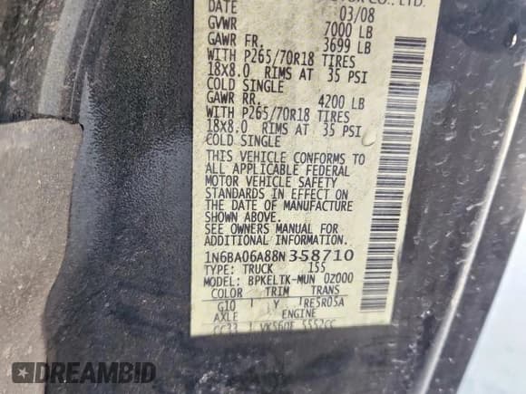 ✅ 2008 Nissan Titan XE • VIN: 1N6BA06A88N358710 • Lot: 85363365. Listed on Copart with 147,629 mi. Free auction sales archive from the USA and detailed vehicle history report at DreamBid. Image 12.