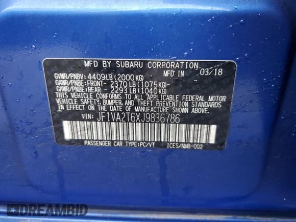 ✅ 2018 Subaru WRX STI Limited • VIN: JF1VA2T6XJ9836786 • Lot: 83527104. Listed on Copart with 64,059 mi. Free auction sales archive from the USA and detailed vehicle history report at DreamBid. Image 12.