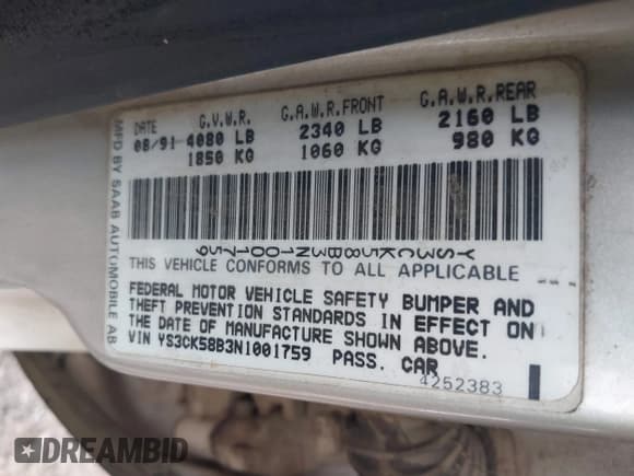 ✅ 1992 Saab 9000 • VIN: YS3CK58B3N1001759 • Lot: 41577492. Wystawiony na IAAI z przebiegiem 137 417 mil. Bezpłatny archiwum sprzedaży aukcyjnych z USA i szczegółowy raport historii pojazdu na DreamBid. Zdjęcie 9.