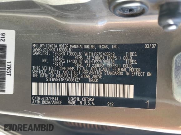 ✅ 2007 Toyota Tundra SR5 • VIN: 5TFRV54167X006427 • Lot: 80187125. Listed on Copart with 242,754 mi. Free auction sales archive from the USA and detailed vehicle history report at DreamBid. Image 12.