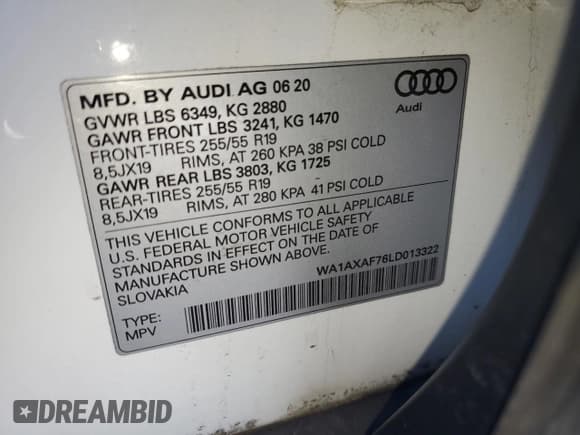 ✅ 2020 Audi Q7 Premium • VIN: WA1AXAF76LD013322 • Lot: 61510375. Listed on Copart with 56,215 mi. Free auction sales archive from the USA and detailed vehicle history report at DreamBid. Image 13.