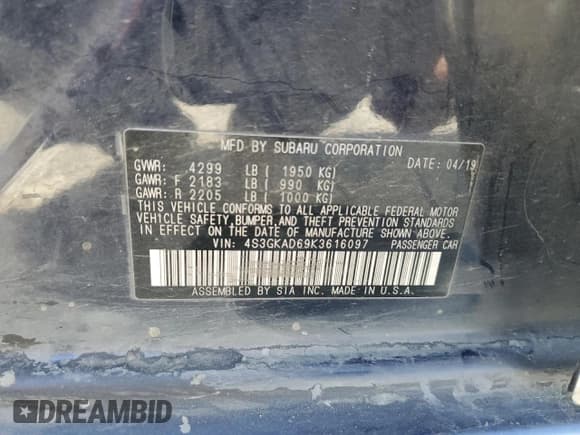 ✅ 2019 Subaru Impreza Premium • VIN: 4S3GKAD69K3616097 • Lot: 68285335. Listed on Copart with 96,953 mi. Free auction sales archive from the USA and detailed vehicle history report at DreamBid. Image 12.