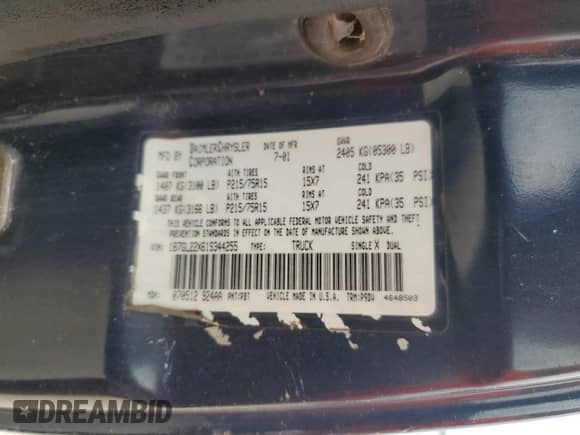 2001 Dodge Dakota с VIN 1B7GL22X61S344255, выставлен на аукционе Copart как лот 72901294 с пробегом 155 828 миль миль и Списание • Salvage title. История ставок и продаж доступна на DreamBid. Изображение 12.