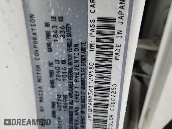 ✅ 2019 Mazda 3 Premium • VIN: JM1BPANM3K1129580 • Lot: 87449115. Listed on Copart with 53,145 mi. Free auction sales archive from the USA and detailed vehicle history report at DreamBid. Image 12.