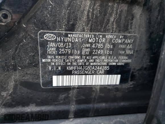 2013 Hyundai Azera с VIN KMHFH4JG8DA244285, выставлен на аукционе Copart как лот 85106264 с пробегом 150 047 миль миль и Списание • Salvage title. История ставок и продаж доступна на DreamBid. Изображение 12.