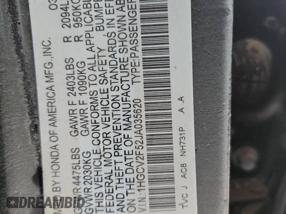 2018 Honda Accord EX-L with VIN 1HGCV2F52JA035620, listed as a Copart auction lot 69314835 with Not provided miles and Salvage title. Bid and sale history available at DreamBid. Image 12.