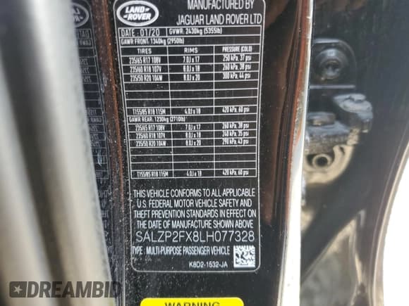 ✅ 2020 Land Rover Range Rover Evoque SE • VIN: SALZP2FX8LH077328 • Lot: 60657485. Listed on Copart with 97,220 mi. Free auction sales archive from the USA and detailed vehicle history report at DreamBid. Image 13.