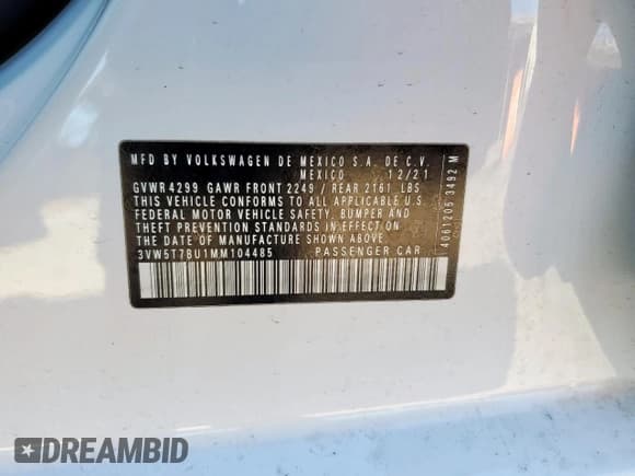 ✅ 2021 Volkswagen Jetta S • VIN: 3VW5T7BU1MM104485 • Lot: 91599875. Listed on Copart with 82,512 mi. Free auction sales archive from the USA and detailed vehicle history report at DreamBid. Image 12.