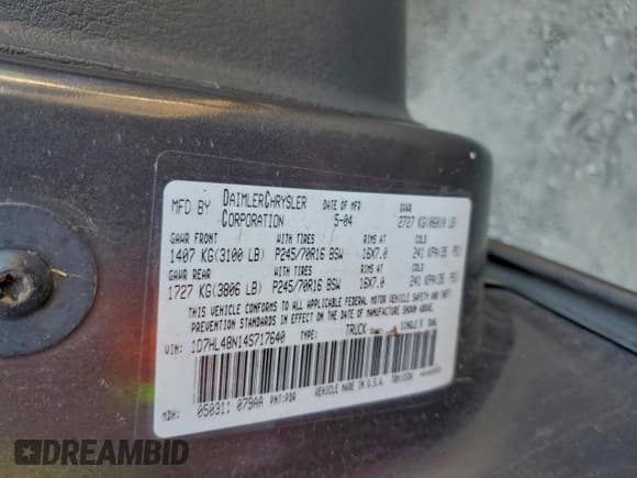 ✅ 2004 Dodge Dakota SLT • VIN: 1D7HL48N14S717640 • Lot: 95176535. Listed on Copart with 131,161 mi. Free auction sales archive from the USA and detailed vehicle history report at DreamBid. Image 12.