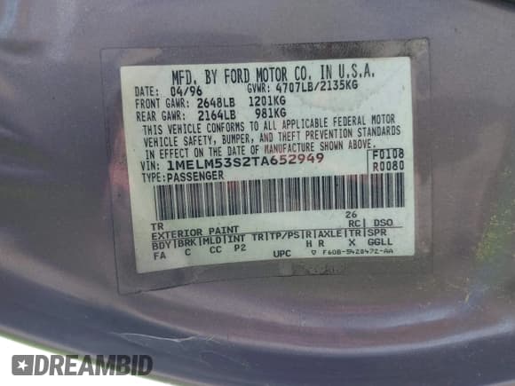 ✅ 1996 Mercury Sable LS • VIN: 1MELM53S2TA652949 • Lot: 42127943. Listed on IAAI with 34,355 mi. Free auction sales archive from the USA and detailed vehicle history report at DreamBid. Image 9.