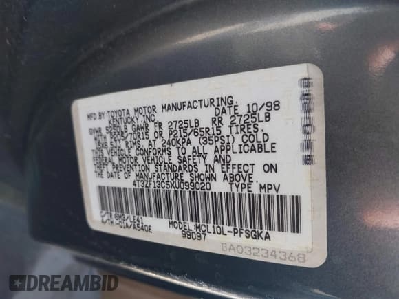 ✅ 1999 Toyota Sienna LE • VIN: 4T3ZF13C5XU099020 • Lot: 41709287. Listed on IAAI with 206,884 mi. Free auction sales archive from the USA and detailed vehicle history report at DreamBid. Image 9.