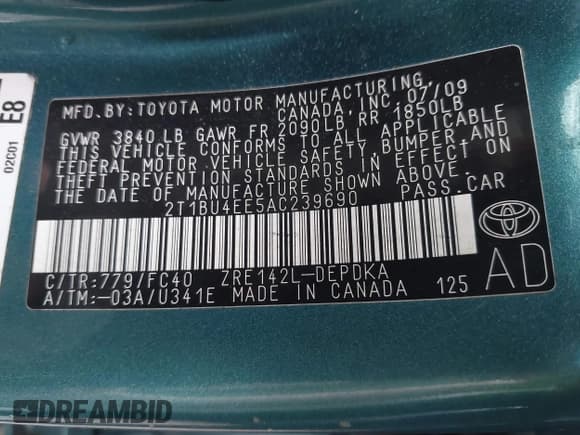 ✅ 2010 Toyota Corolla • VIN: 2T1BU4EE5AC239690 • Lot: 42354519. Listed on IAAI with 181,635 mi. Free auction sales archive from the USA and detailed vehicle history report at DreamBid. Image 9.