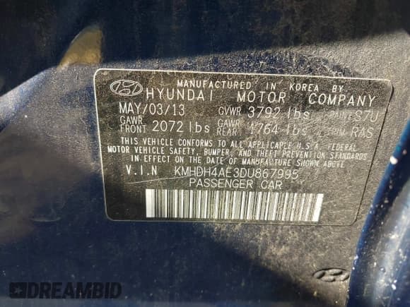 ✅ 2013 Hyundai Elantra Limited • VIN: KMHDH4AE3DU867995 • Lot: 43051546. Listed on IAAI with 113,195 mi. Free auction sales archive from the USA and detailed vehicle history report at DreamBid. Image 9.