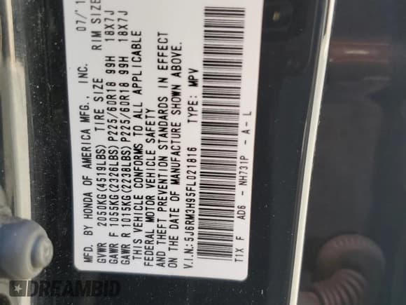 ✅ 2015 Honda CR-V Touring • VIN: 5J6RM3H95FL021816 • Лот: 81293285. Опубликован ранее на Copart с пробегом 137 194 миль. Бесплатный доступ к архиву аукционных продаж из США и подробный отчёт об истории автомобиля на DreamBid. Изображение 14.