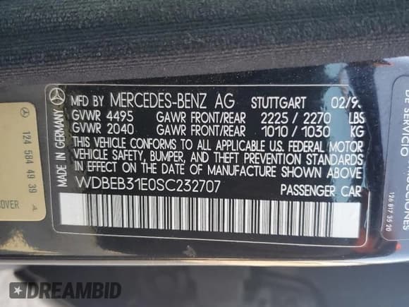 ✅ 1995 Mercedes-Benz E 320 • VIN: WDBEB31E0SC232707 • Lot: 44348885. Listed on Copart with 310,955 mi. Free auction sales archive from the USA and detailed vehicle history report at DreamBid. Image 12.