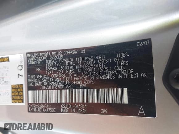 ✅ 2007 Toyota FJ Cruiser • VIN: JTEZU11F870013685 • Lot: 41816563. Listed on IAAI with 206,774 mi. Free auction sales archive from the USA and detailed vehicle history report at DreamBid. Image 9.