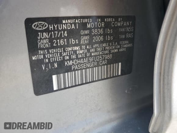 ✅ 2015 Hyundai Elantra SE • VIN: KMHDH4AE9FU257988 • Lot: 61428775. Listed on Copart with 151,980 mi. Free auction sales archive from the USA and detailed vehicle history report at DreamBid. Image 12.