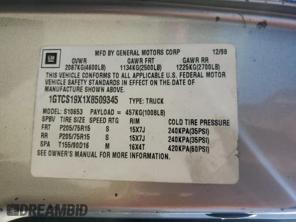 ✅ 1999 GMC Sonoma SLS • VIN: 1GTCS19X1X8509345 • Lot: 75623114. Wystawiony na Copart z przebiegiem 131 115 mil. Bezpłatny archiwum sprzedaży aukcyjnych z USA i szczegółowy raport historii pojazdu na DreamBid. Zdjęcie 12.