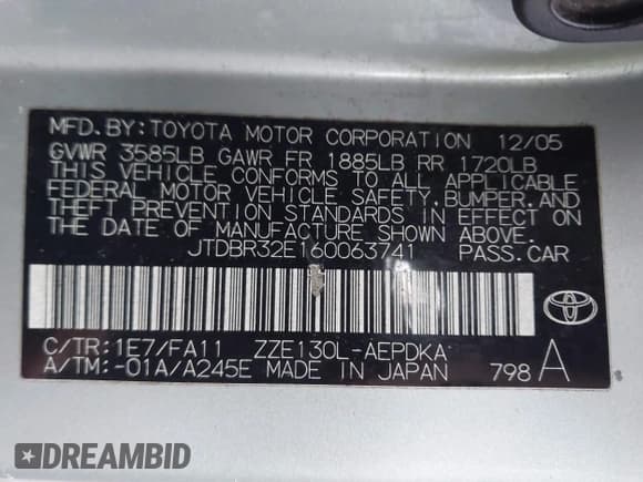 ✅ 2006 Toyota Corolla LE • VIN: JTDBR32E160063741 • Lot: 43805346. Wystawiony na IAAI z przebiegiem 96 298 mil. Bezpłatny archiwum sprzedaży aukcyjnych z USA i szczegółowy raport historii pojazdu na DreamBid. Zdjęcie 9.