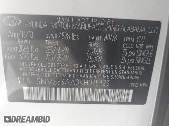 ✅ 2019 Hyundai Santa Fe Limited • VIN: 5NMS53AA0KH025423 • Lot: 43453166. Wystawiony na IAAI z przebiegiem 65 598 mil. Bezpłatny archiwum sprzedaży aukcyjnych z USA i szczegółowy raport historii pojazdu na DreamBid. Zdjęcie 9.