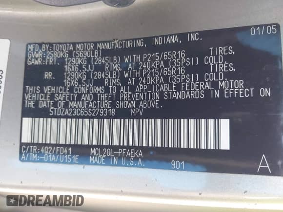 2005 Toyota Sienna LE z VIN 5TDZA23C65S279318, wystawiony jako IAAI lot #43482518 z przebiegiem 214 159 mil mil oraz . Historia ofert i sprzedaży dostępna na DreamBid. Obrazek 9.